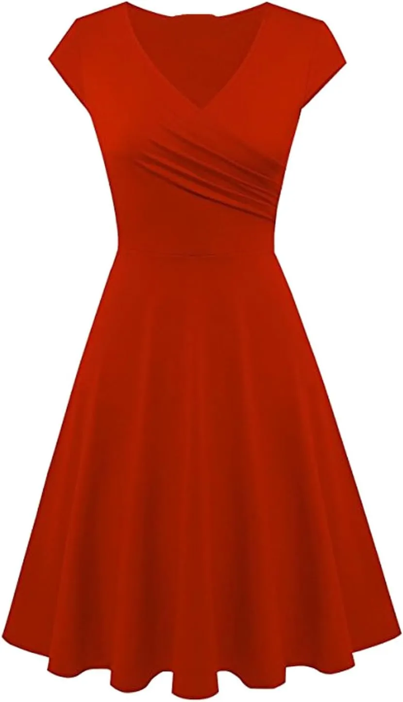 Womens Summer Mini Dresses, Fancy Solid Cap Sleeve Empire Waist Flowy Swing Shirt Dress Comfy Cocktail Party Summer Outfit