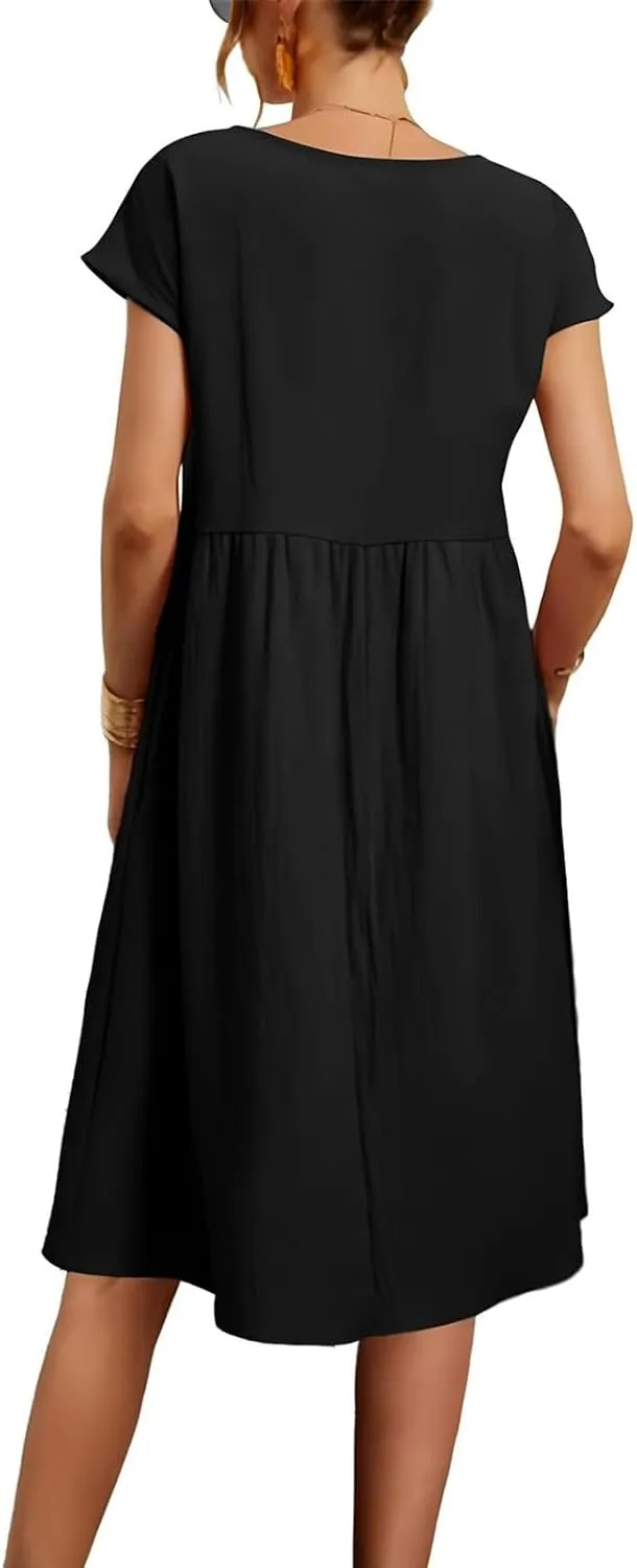 Womens Summer Short Sleeve Dress Casual Plus Size V-Neck Maxi Dresses A Line Flowy Beach Sundress with Pockets