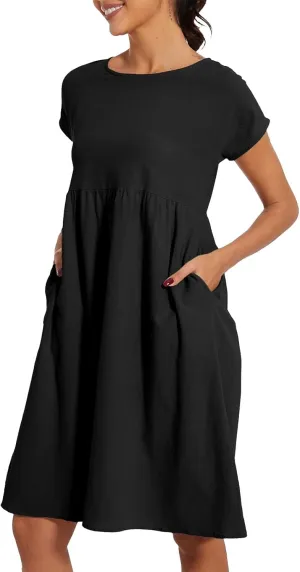 Womens Summer Short Sleeve Dress Casual Plus Size V-Neck Maxi Dresses A Line Flowy Beach Sundress with Pockets