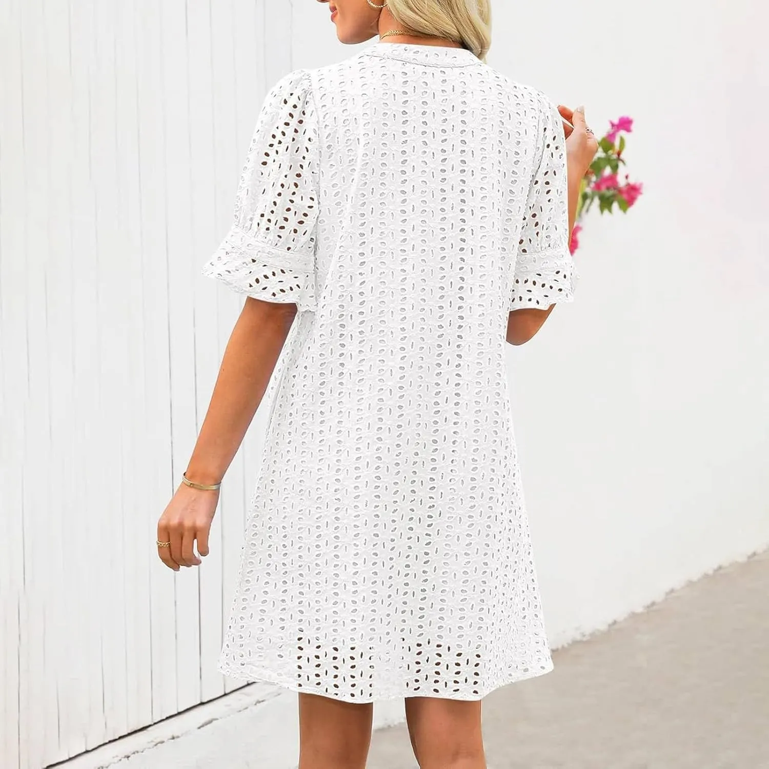 Women's Summer Short Sleeve Mini Dress V Neck Ruffle Hollow Out Eyelet Lace Dresses Casual Beach Vacation Dresses