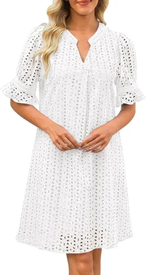 Women's Summer Short Sleeve Mini Dress V Neck Ruffle Hollow Out Eyelet Lace Dresses Casual Beach Vacation Dresses