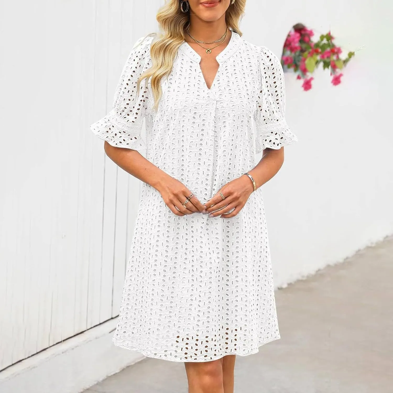 Women's Summer Short Sleeve Mini Dress V Neck Ruffle Hollow Out Eyelet Lace Dresses Casual Beach Vacation Dresses