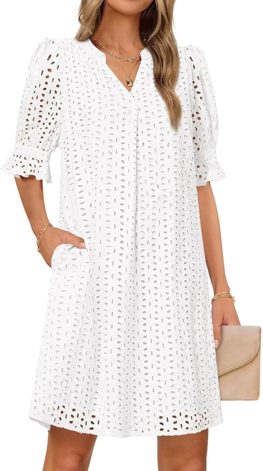 Women's Summer Short Sleeve Mini Dress V Neck Ruffle Hollow Out Eyelet Lace Dresses Casual Beach Vacation Dresses