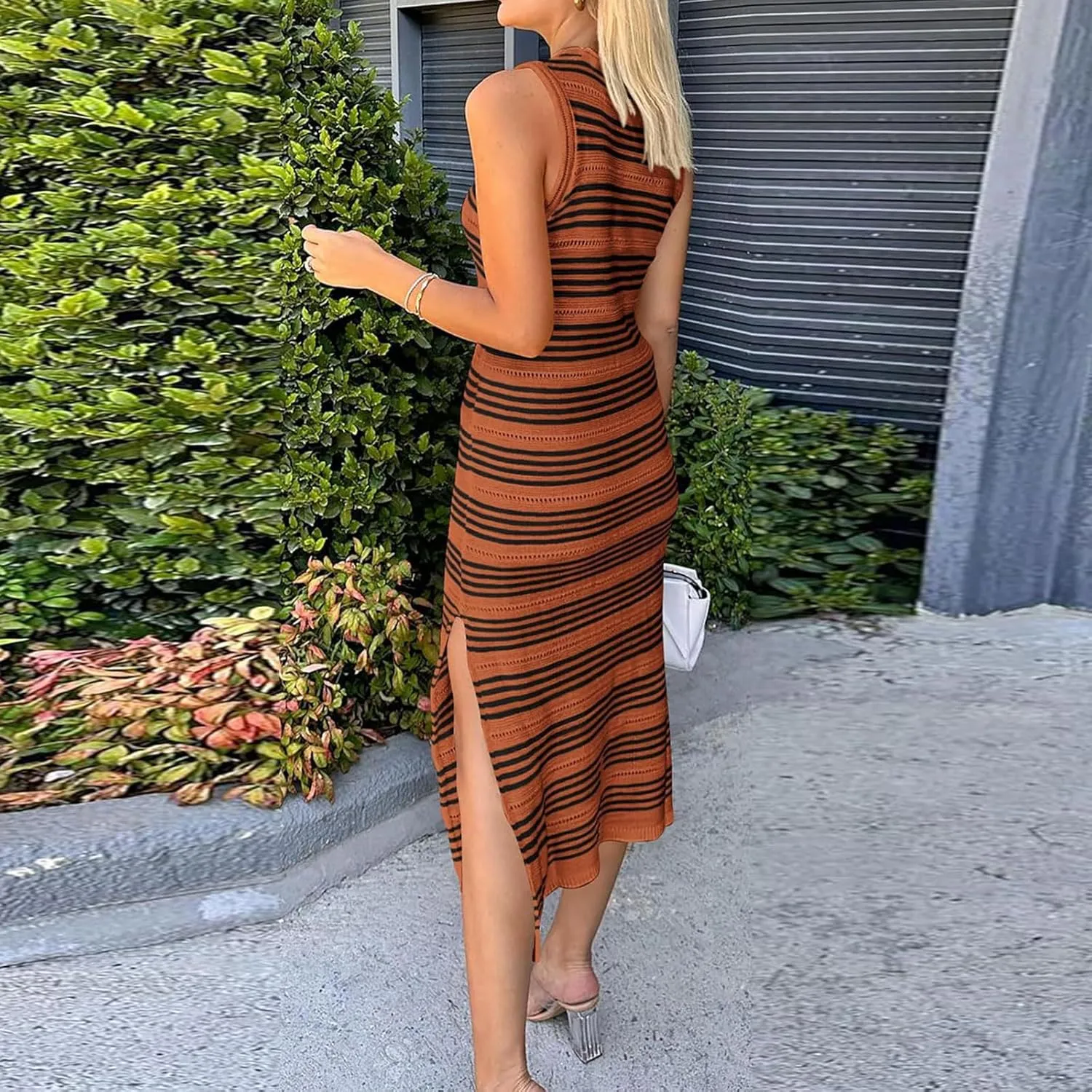 Women's Summer Striped Knit Bodycon Dress 2024 Trendy Hollow Out Slim Fit Side Slit Long Tank Dress Party Dresses