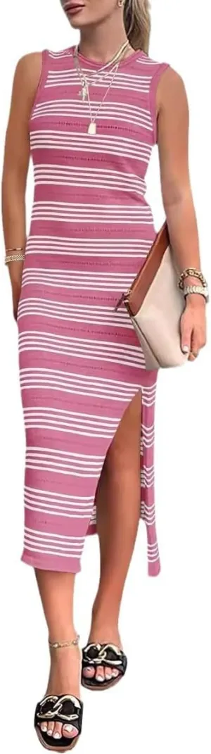 Women's Summer Striped Knit Bodycon Dress 2024 Trendy Hollow Out Slim Fit Side Slit Long Tank Dress Party Dresses