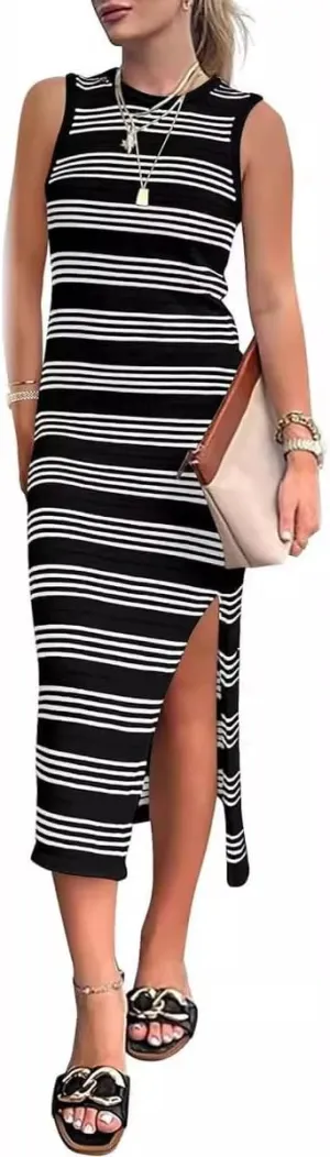 Women's Summer Striped Knit Bodycon Dress 2024 Trendy Hollow Out Slim Fit Side Slit Long Tank Dress Party Dresses