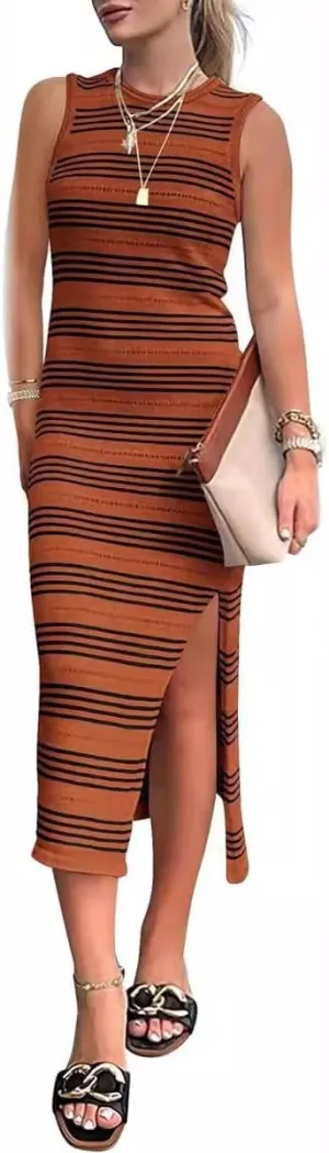 Women's Summer Striped Knit Bodycon Dress 2024 Trendy Hollow Out Slim Fit Side Slit Long Tank Dress Party Dresses