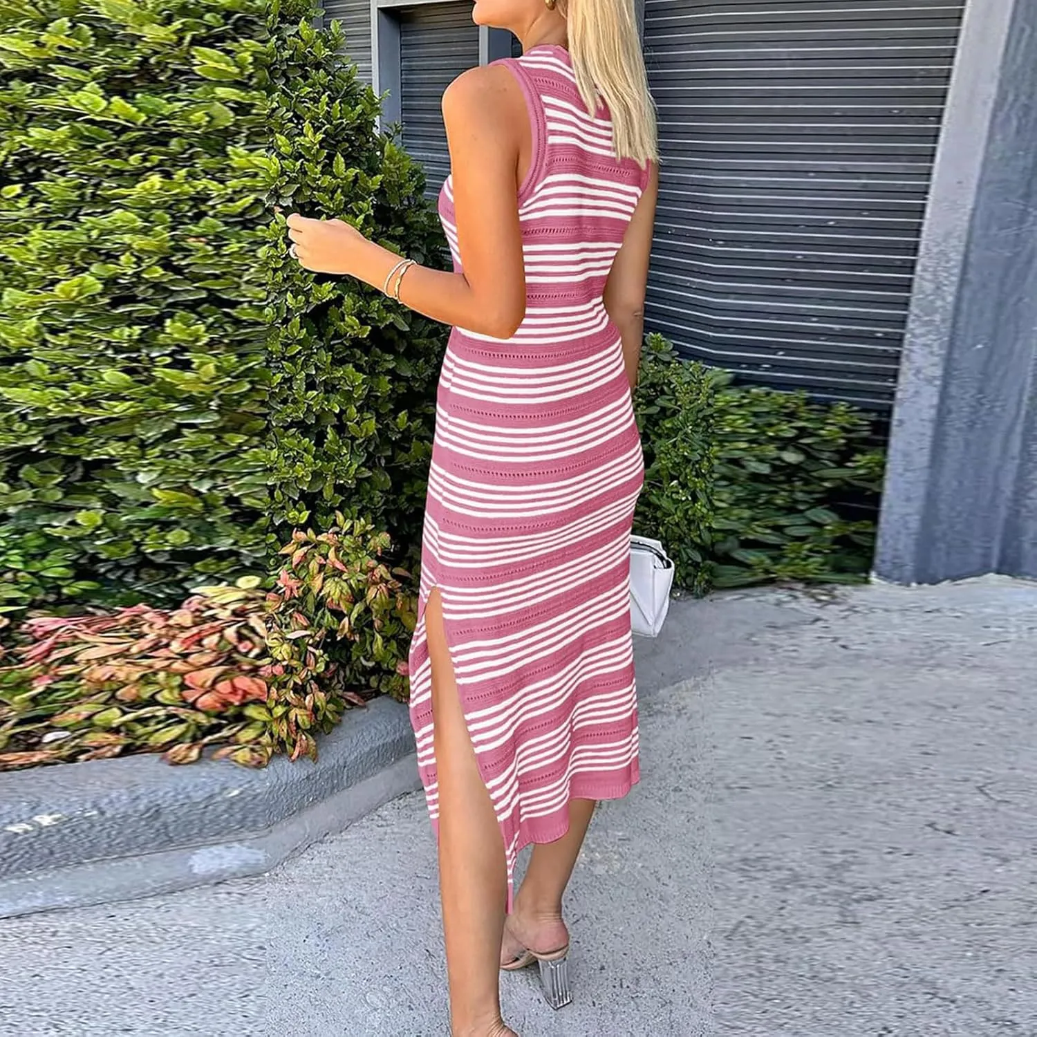 Women's Summer Striped Knit Bodycon Dress 2024 Trendy Hollow Out Slim Fit Side Slit Long Tank Dress Party Dresses