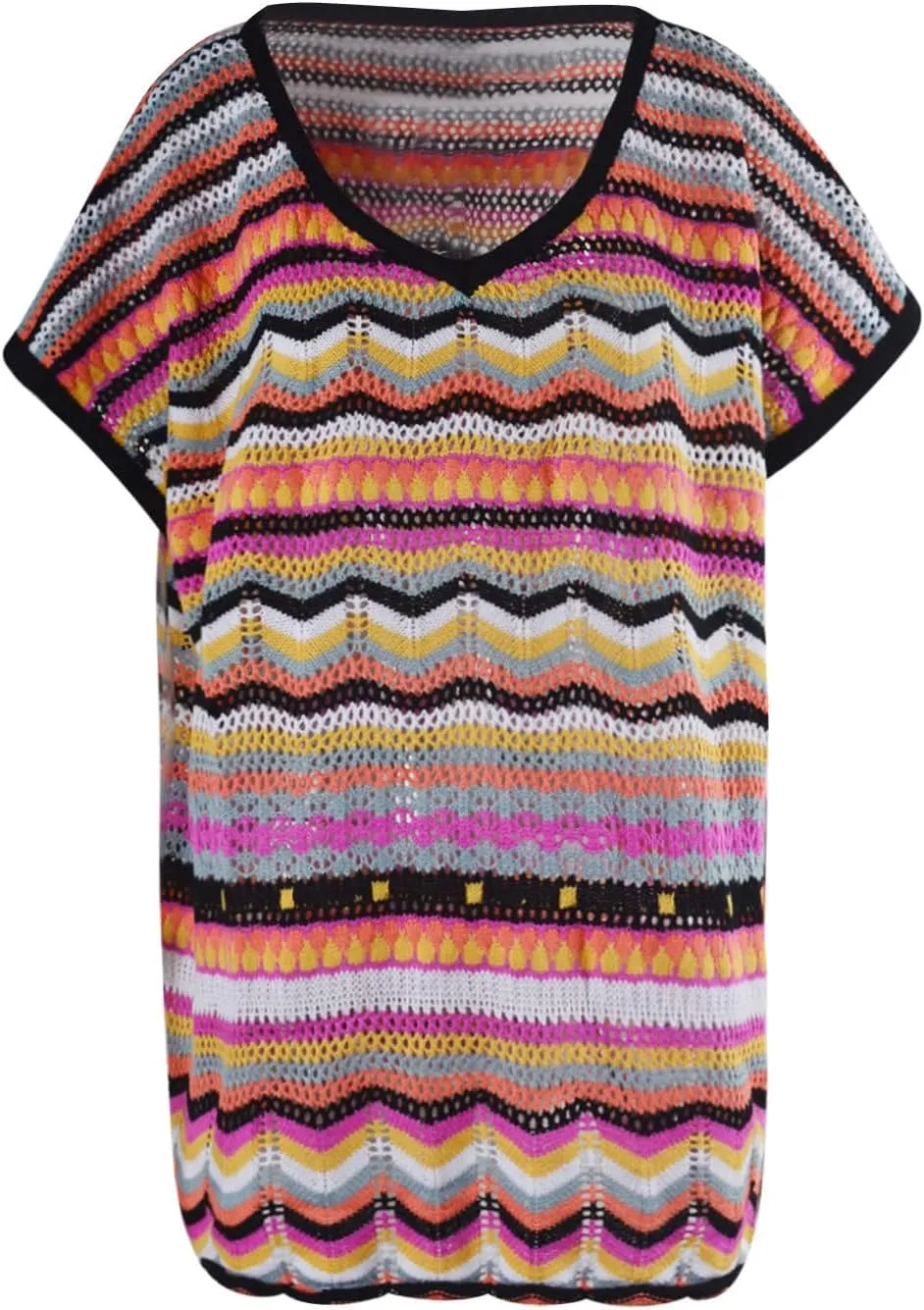 Women's Summer V Neck Hollow Out Swimsuit Cover Up Bikini 2024 Beach Swimwear Striped Rainbow Crochet Loose Fit Dress