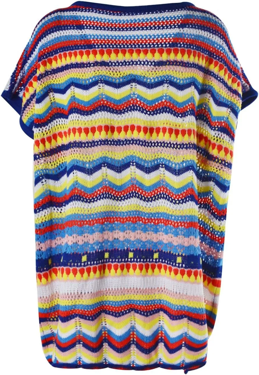 Women's Summer V Neck Hollow Out Swimsuit Cover Up Bikini 2024 Beach Swimwear Striped Rainbow Crochet Loose Fit Dress