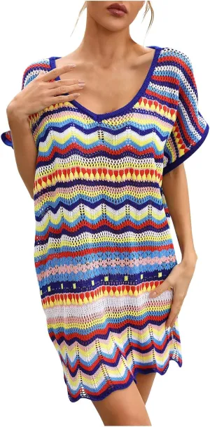 Women's Summer V Neck Hollow Out Swimsuit Cover Up Bikini 2024 Beach Swimwear Striped Rainbow Crochet Loose Fit Dress
