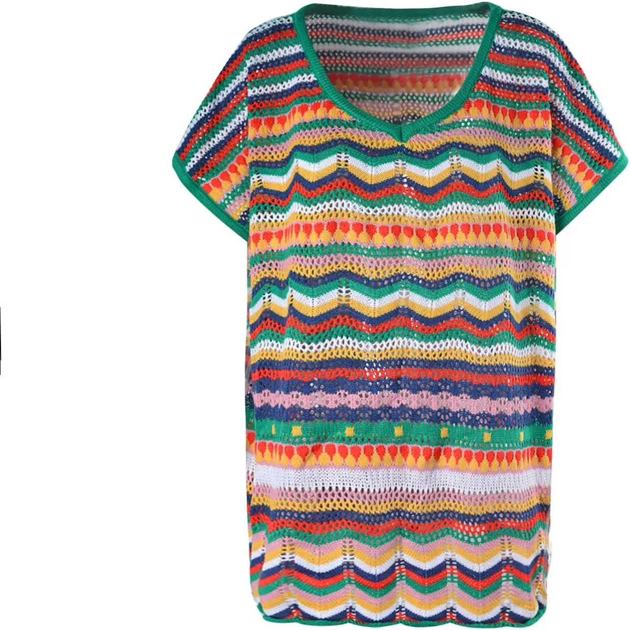 Women's Summer V Neck Hollow Out Swimsuit Cover Up Bikini 2024 Beach Swimwear Striped Rainbow Crochet Loose Fit Dress