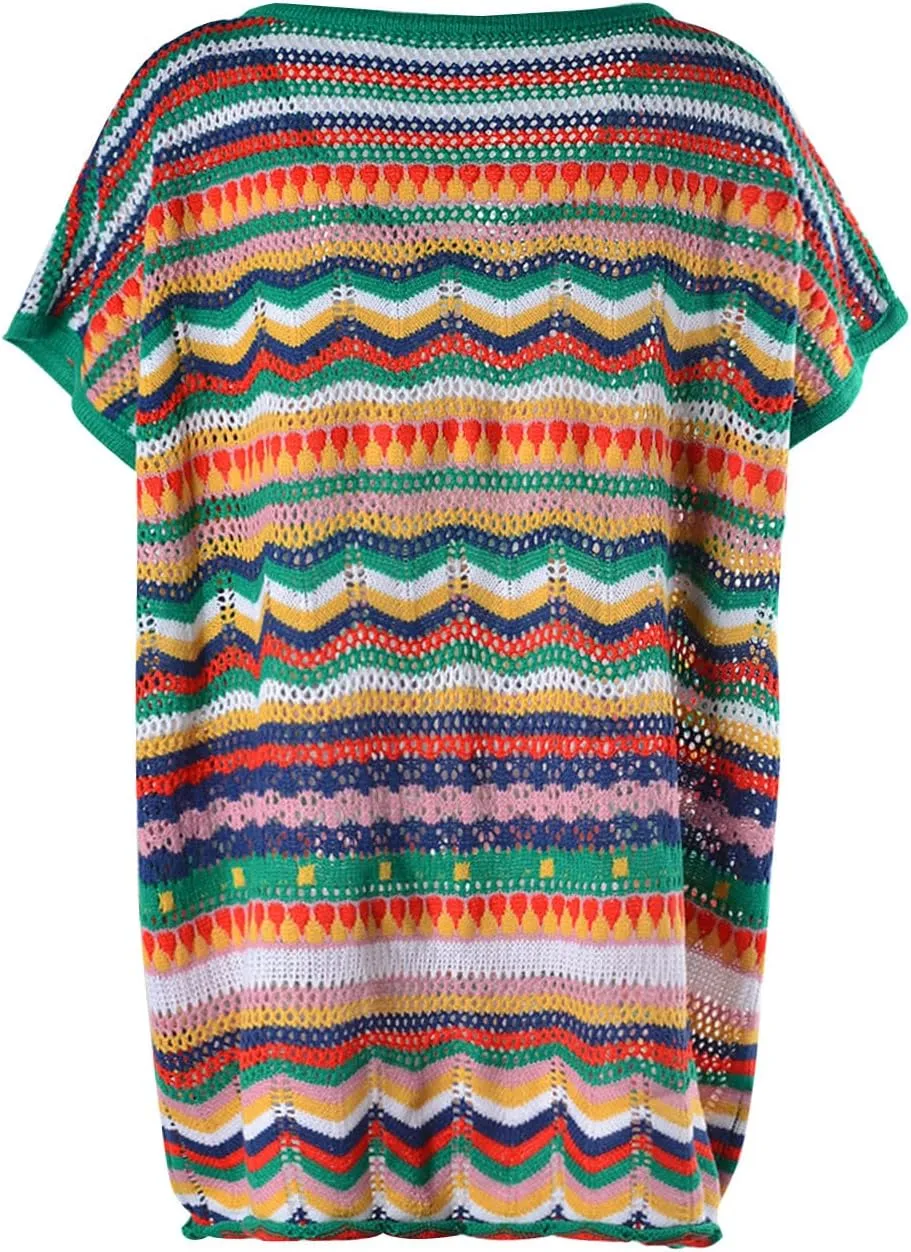 Women's Summer V Neck Hollow Out Swimsuit Cover Up Bikini 2024 Beach Swimwear Striped Rainbow Crochet Loose Fit Dress