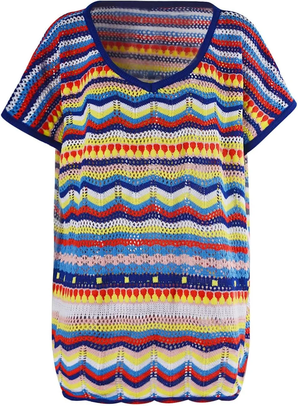 Women's Summer V Neck Hollow Out Swimsuit Cover Up Bikini 2024 Beach Swimwear Striped Rainbow Crochet Loose Fit Dress