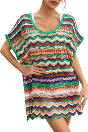 Women's Summer V Neck Hollow Out Swimsuit Cover Up Bikini 2024 Beach Swimwear Striped Rainbow Crochet Loose Fit Dress