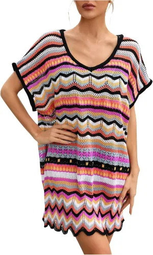 Women's Summer V Neck Hollow Out Swimsuit Cover Up Bikini 2024 Beach Swimwear Striped Rainbow Crochet Loose Fit Dress