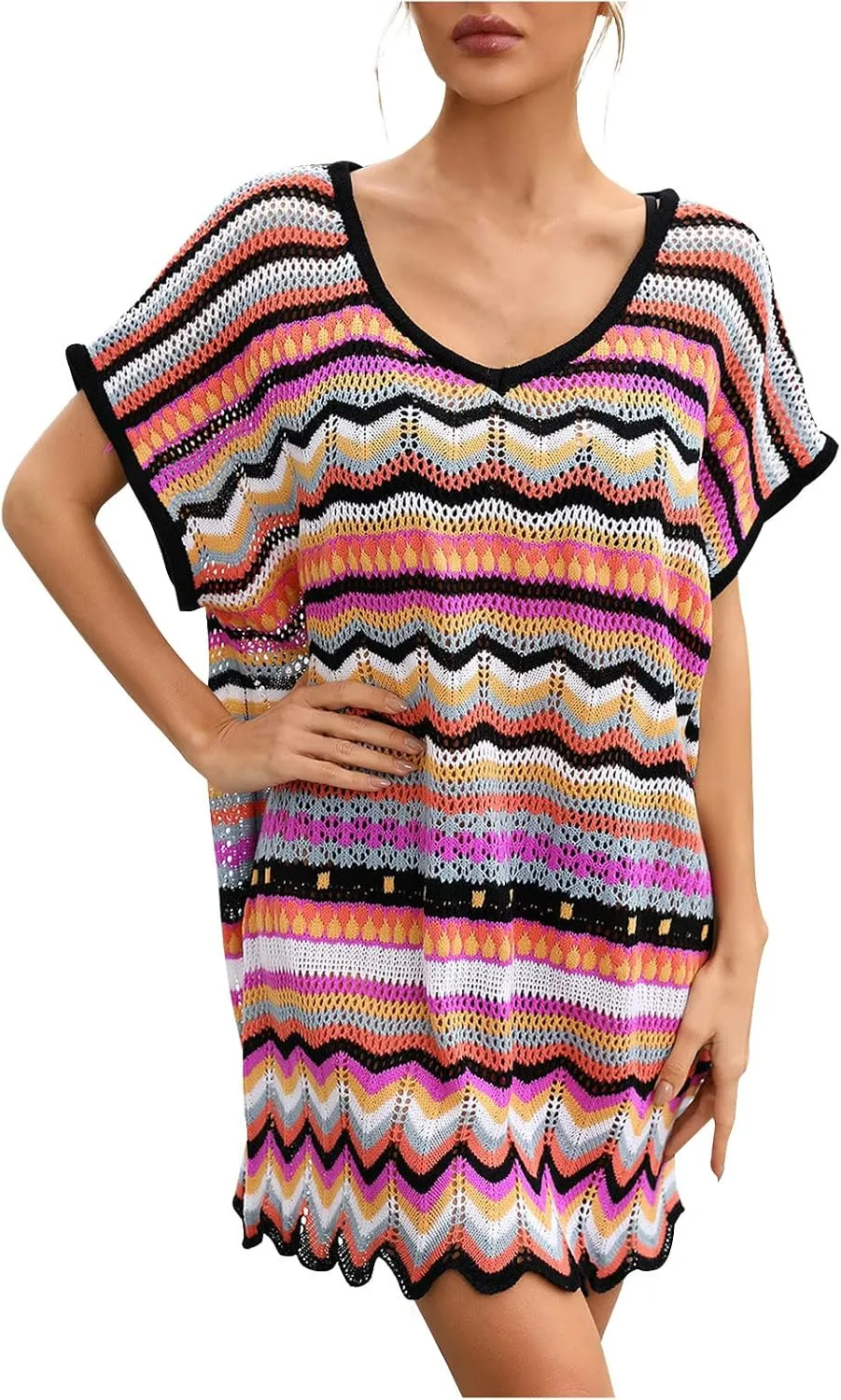 Women's Summer V Neck Hollow Out Swimsuit Cover Up Bikini 2024 Beach Swimwear Striped Rainbow Crochet Loose Fit Dress