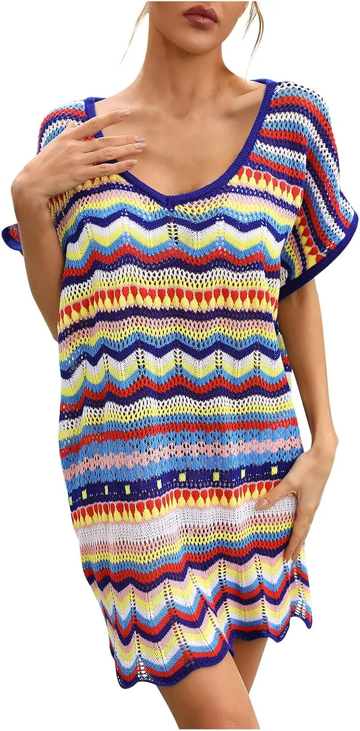 Women's Summer V Neck Hollow Out Swimsuit Cover Up Bikini 2024 Beach Swimwear Striped Rainbow Crochet Loose Fit Dress