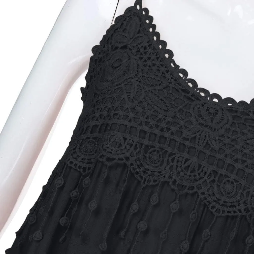 Womens Sundress 2025 Trendy Lace Patchwork Sexy Spaghetti Strap Sleeveless Tank Dresses Ladies Plus Size Midi Dress