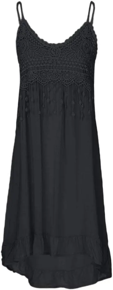 Womens Sundress 2025 Trendy Lace Patchwork Sexy Spaghetti Strap Sleeveless Tank Dresses Ladies Plus Size Midi Dress