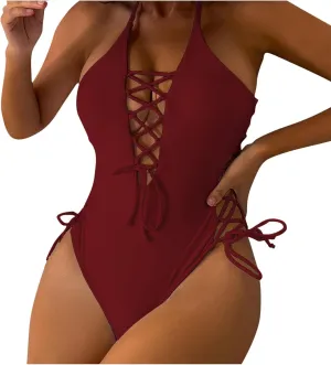Women's Swimsuit One Piece Halter Drawstring V Neck Bathing Suit Backless Tummy Control Slimming Swimwear 2025 Outfit