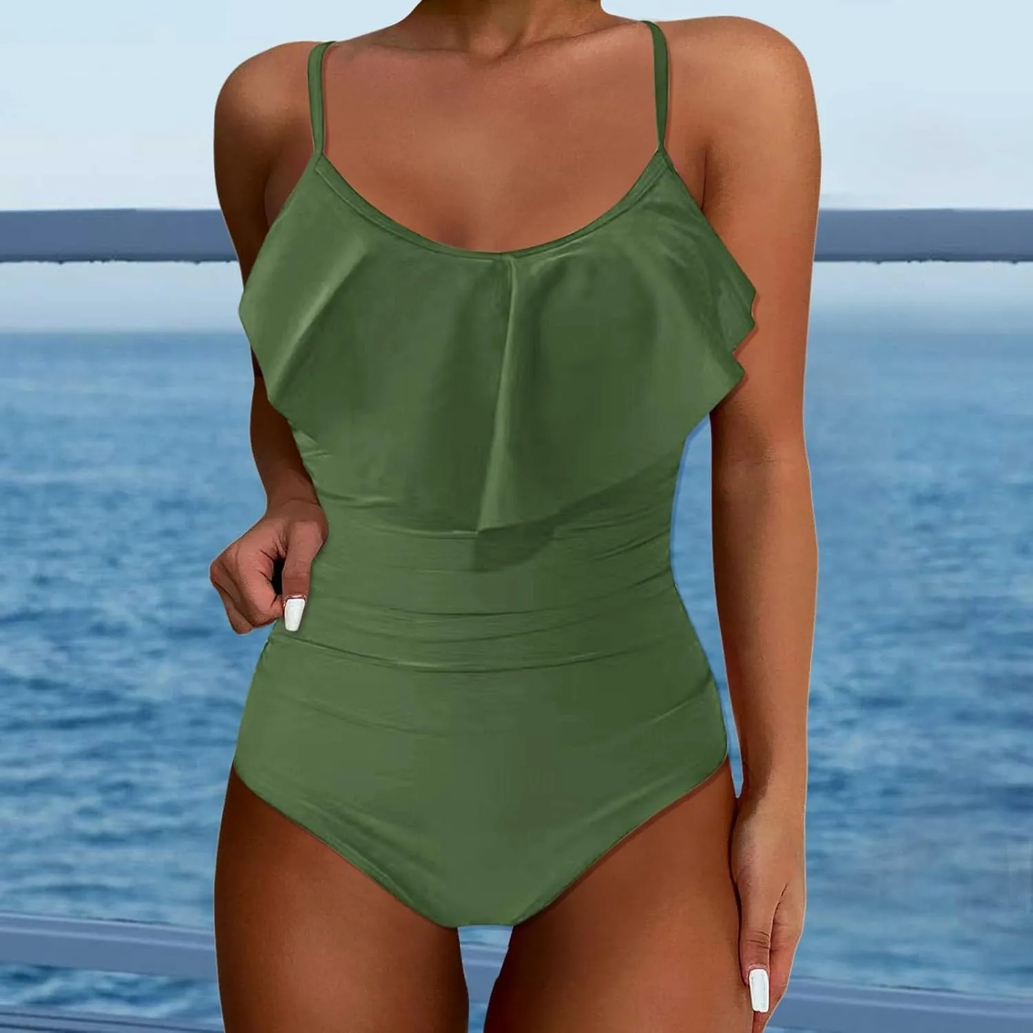 Womens Swimsuit Tummy Bathing Suit Cute Slimming Flattering Ruffle Ladies Swimwear Bikini Woman