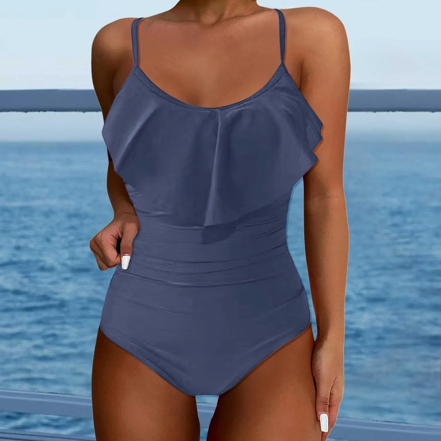 Womens Swimsuit Tummy Bathing Suit Cute Slimming Flattering Ruffle Ladies Swimwear Bikini Woman
