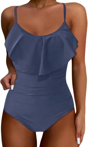 Womens Swimsuit Tummy Bathing Suit Cute Slimming Flattering Ruffle Ladies Swimwear Bikini Woman