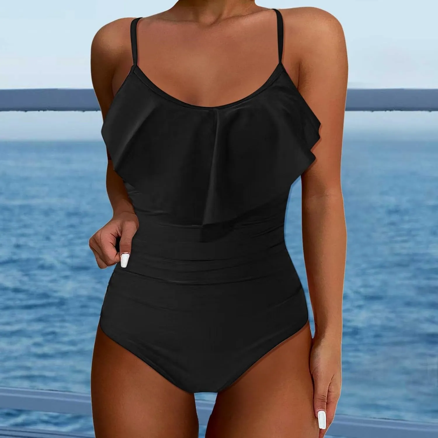 Womens Swimsuit Tummy Bathing Suit Cute Slimming Flattering Ruffle Ladies Swimwear Bikini Woman