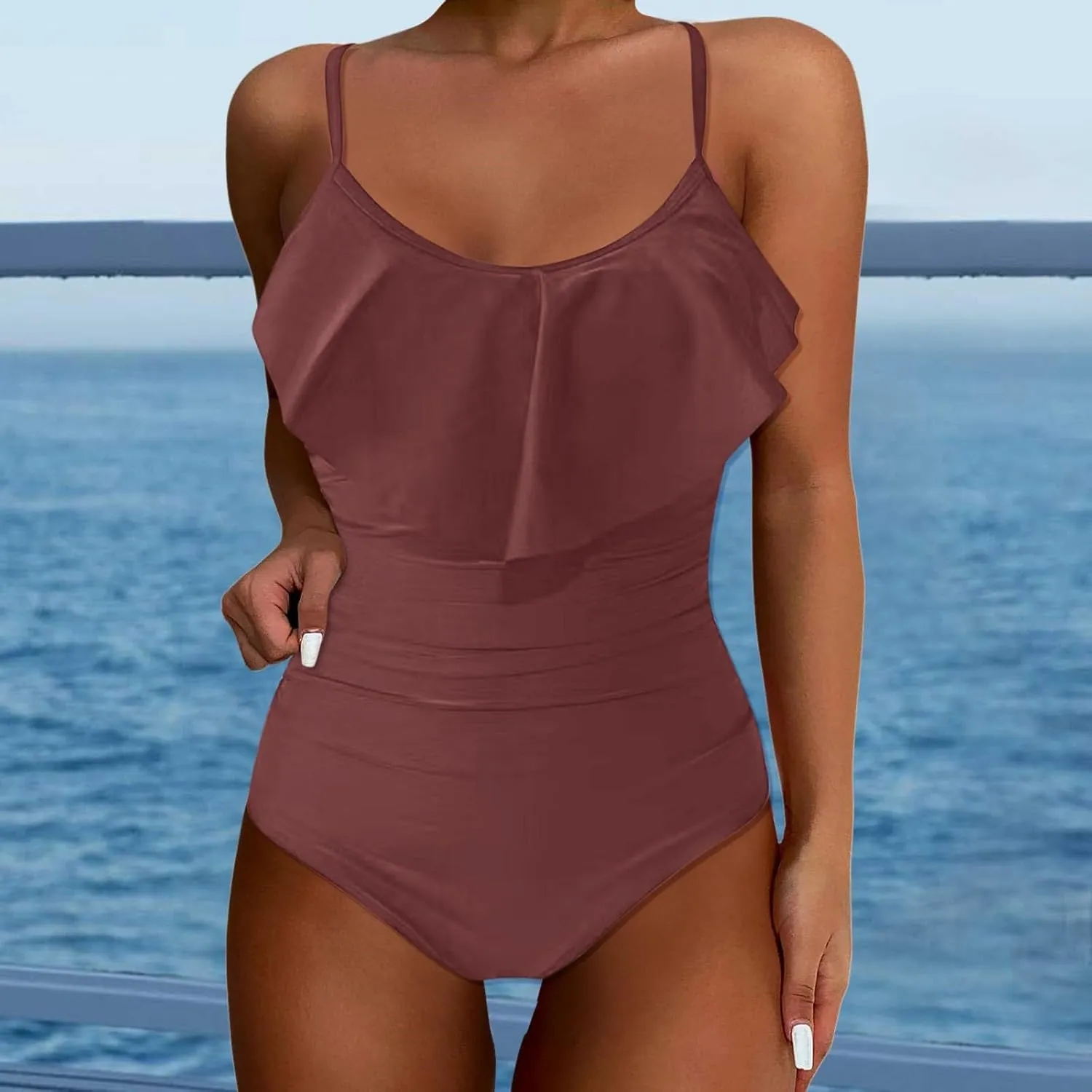 Womens Swimsuit Tummy Bathing Suit Cute Slimming Flattering Ruffle Ladies Swimwear Bikini Woman