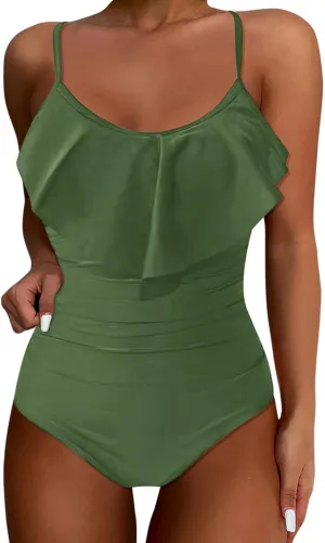 Womens Swimsuit Tummy Bathing Suit Cute Slimming Flattering Ruffle Ladies Swimwear Bikini Woman