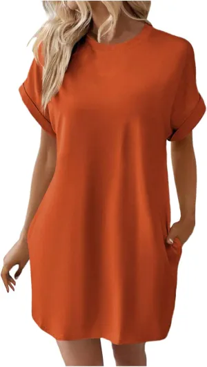 Womens T Shirt Dress Casual Cotton Short Sleeve Crewneck Tunic Midi Dress with Pockets Summer Holiday Sundresses for Women