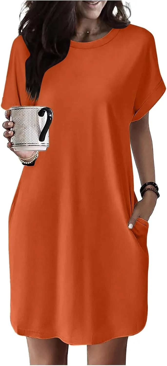 Womens T Shirt Dress Casual Cotton Short Sleeve Crewneck Tunic Midi Dress with Pockets Summer Holiday Sundresses for Women