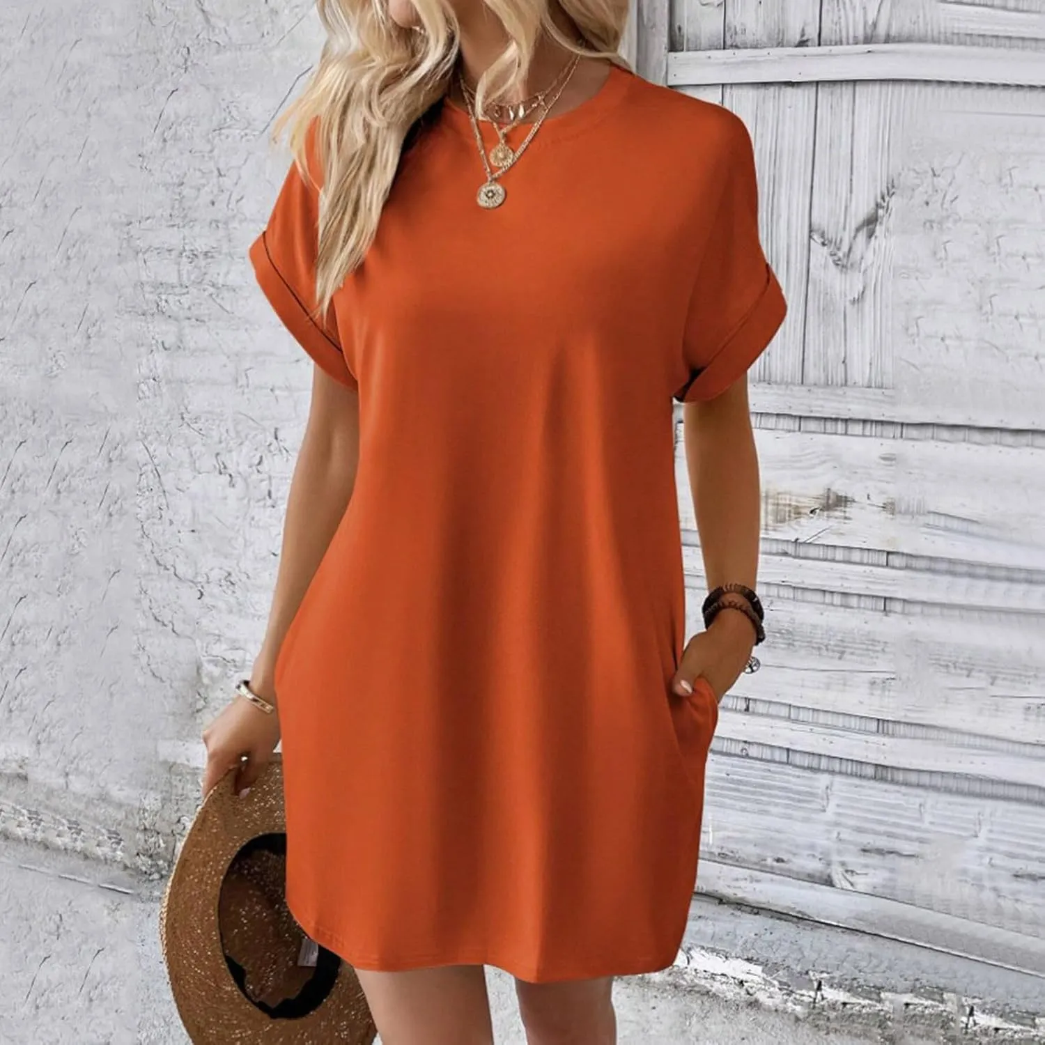 Womens T Shirt Dress Casual Cotton Short Sleeve Crewneck Tunic Midi Dress with Pockets Summer Holiday Sundresses for Women