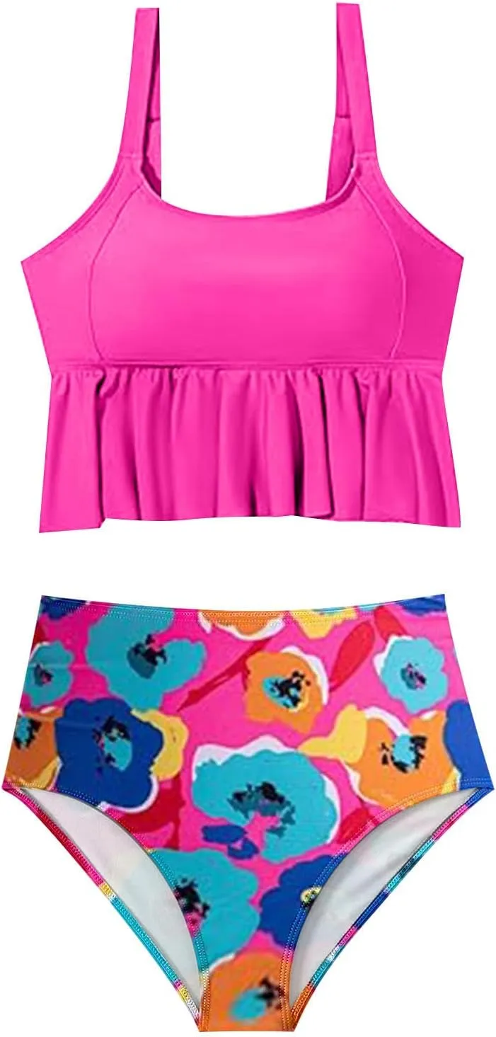 Womens Tankini Set Tropical Hawaii High Waisted Bikini Bathing Suits 2 Piece Swim Tank Top with Boy Shorts Swimsuits