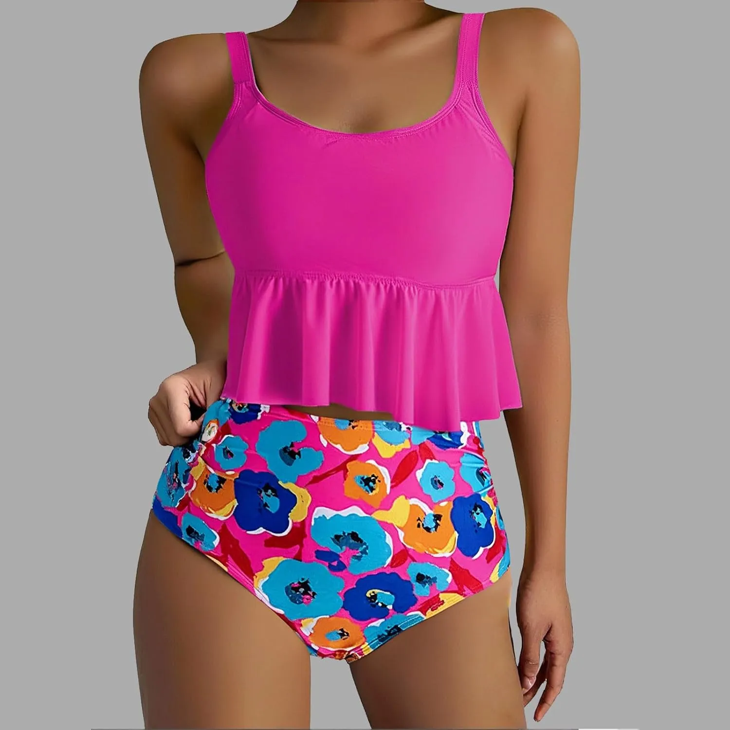 Womens Tankini Set Tropical Hawaii High Waisted Bikini Bathing Suits 2 Piece Swim Tank Top with Boy Shorts Swimsuits