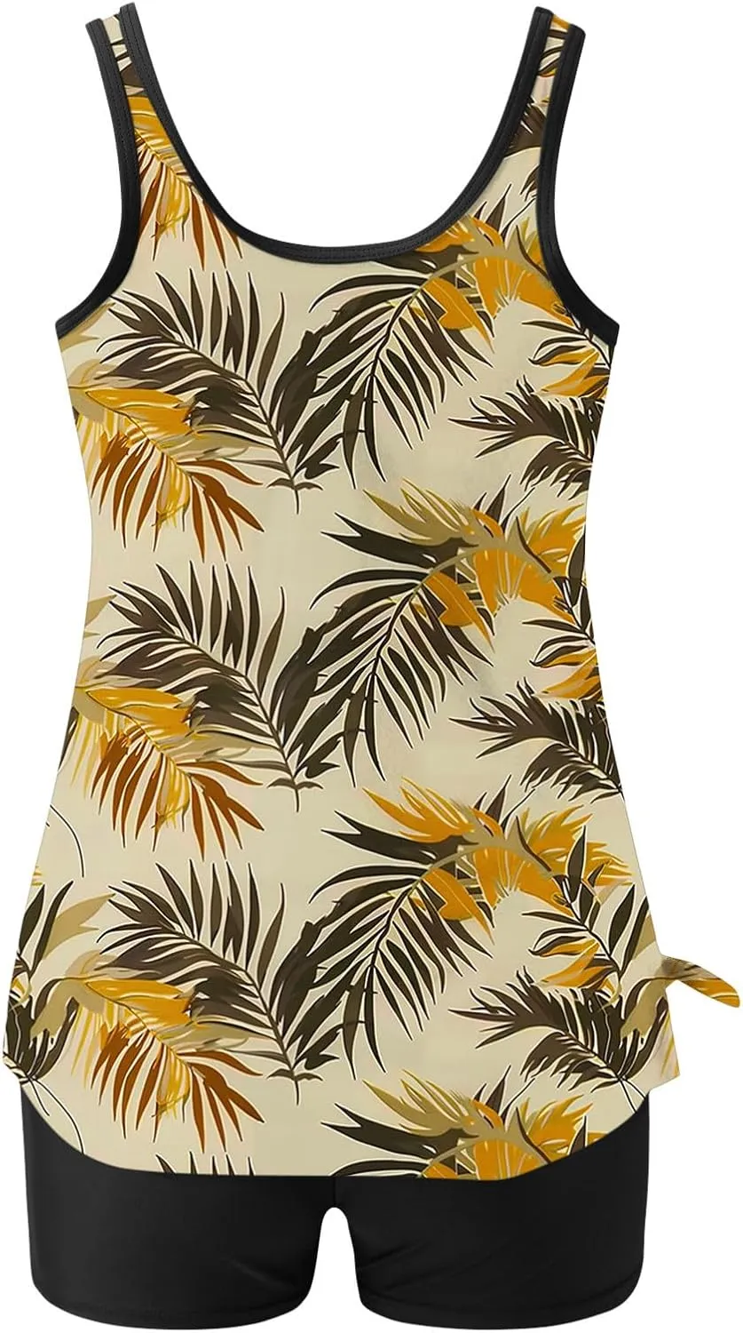 Womens Two Piece Tankini Bathing Suits Blouson Swim Tank Tops with with High Waist Tummy Control Boy Shorts Siwmwear