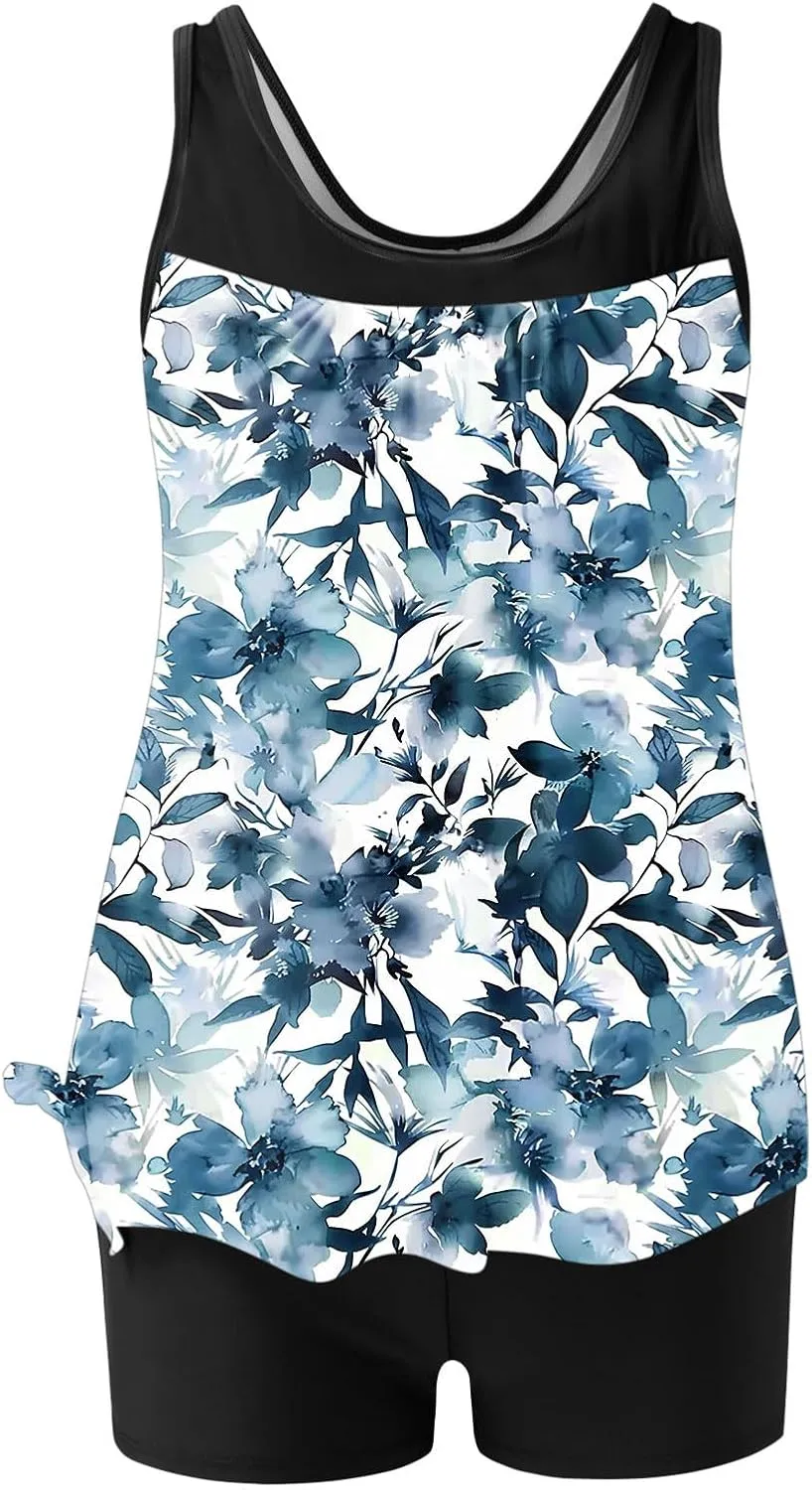 Womens Two Piece Tankini Bathing Suits Blouson Swim Tank Tops with with High Waist Tummy Control Boy Shorts Siwmwear