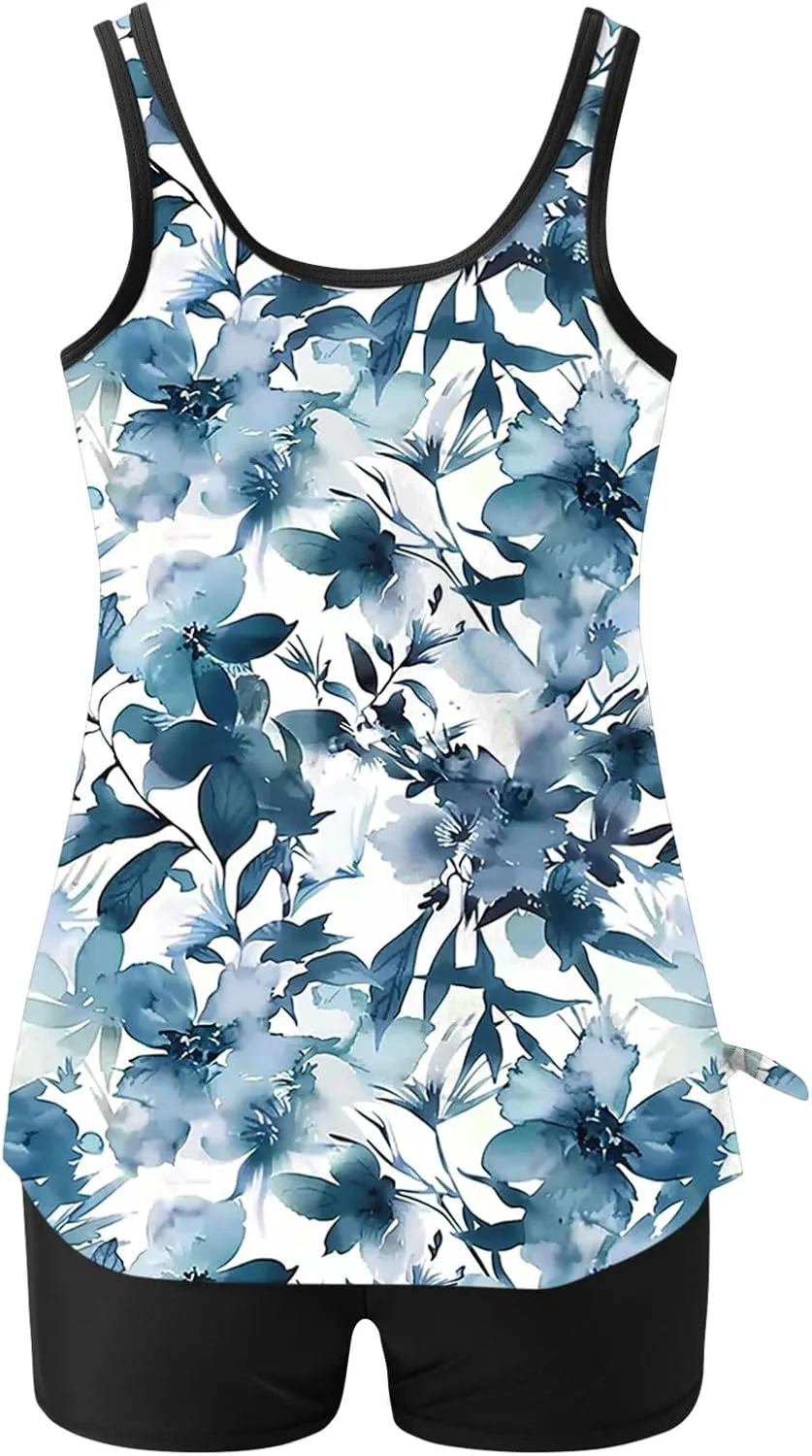 Womens Two Piece Tankini Bathing Suits Blouson Swim Tank Tops with with High Waist Tummy Control Boy Shorts Siwmwear