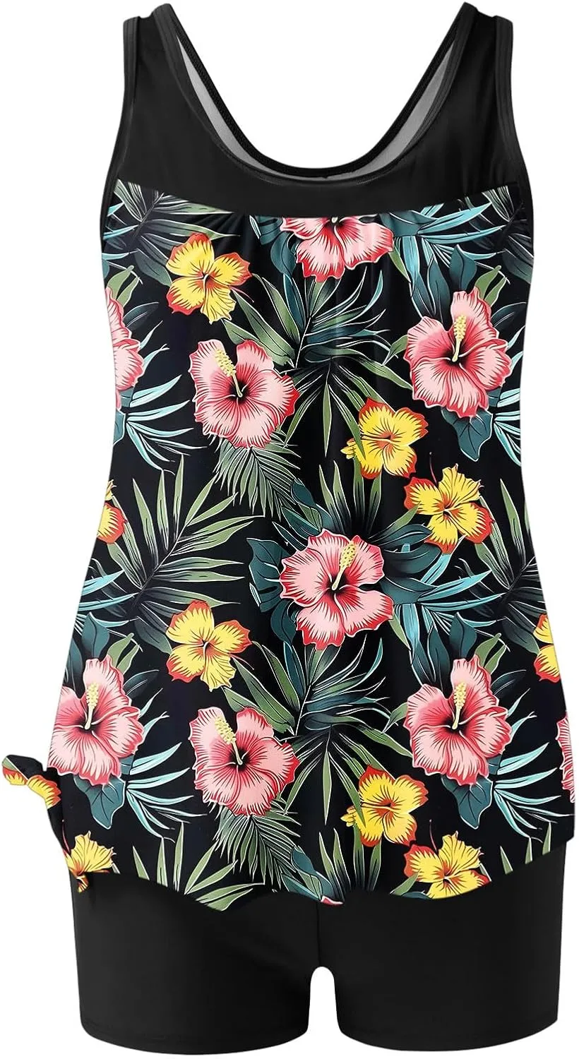 Womens Two Piece Tankini Bathing Suits Blouson Swim Tank Tops with with High Waist Tummy Control Boy Shorts Siwmwear