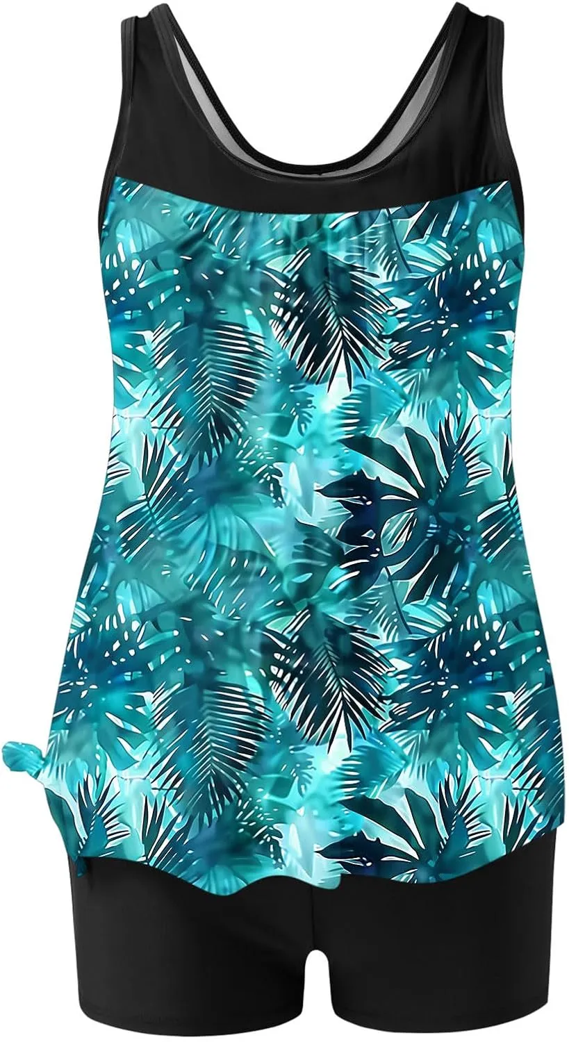 Womens Two Piece Tankini Bathing Suits Blouson Swim Tank Tops with with High Waist Tummy Control Boy Shorts Siwmwear