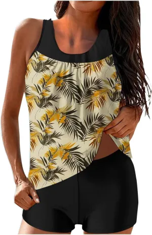 Womens Two Piece Tankini Bathing Suits Blouson Swim Tank Tops with with High Waist Tummy Control Boy Shorts Siwmwear