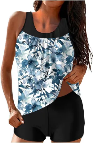 Womens Two Piece Tankini Bathing Suits Blouson Swim Tank Tops with with High Waist Tummy Control Boy Shorts Siwmwear