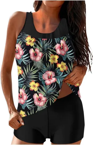 Womens Two Piece Tankini Bathing Suits Blouson Swim Tank Tops with with High Waist Tummy Control Boy Shorts Siwmwear