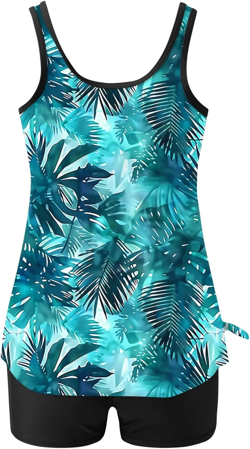 Womens Two Piece Tankini Bathing Suits Blouson Swim Tank Tops with with High Waist Tummy Control Boy Shorts Siwmwear