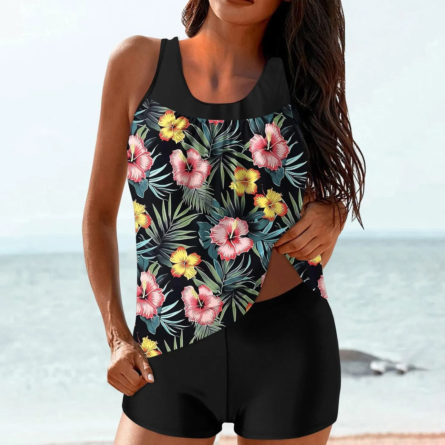 Womens Two Piece Tankini Bathing Suits Blouson Swim Tank Tops with with High Waist Tummy Control Boy Shorts Siwmwear