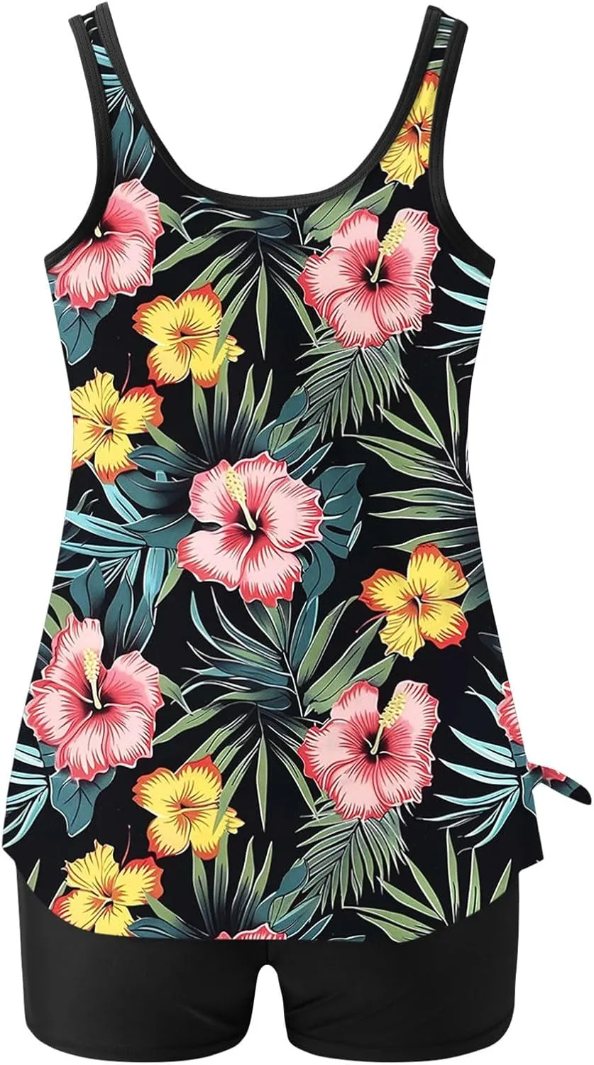 Womens Two Piece Tankini Bathing Suits Blouson Swim Tank Tops with with High Waist Tummy Control Boy Shorts Siwmwear