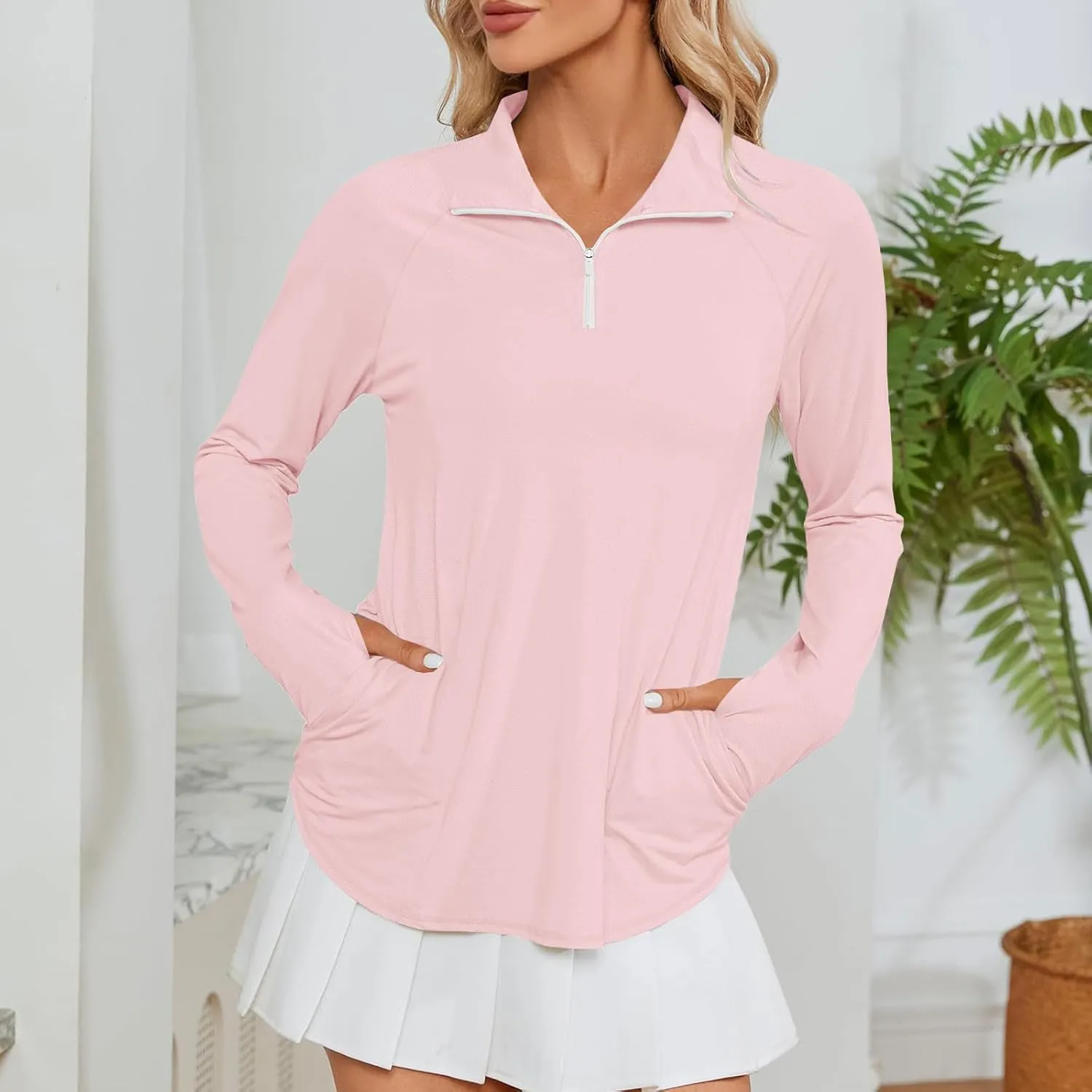 Women's UV Sun Protection 1/4 Zip Shirts Long Sleeve Rash Guard T-Shirt Lightweight Quick Dry Workout Running Tops