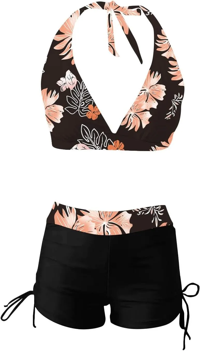 Women's V-Neck Halter Ruched Bathing Suits Vintage Printed Conservative Swimwear Bikini Swimsuit with Boy Shorts