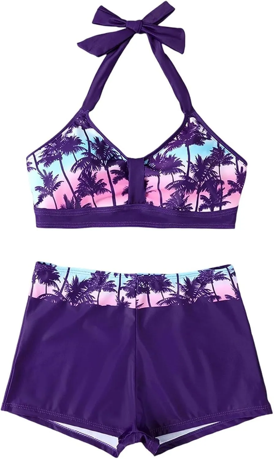Women's V-Neck Halter Ruched Bathing Suits Vintage Printed Conservative Swimwear Bikini Swimsuit with Boy Shorts